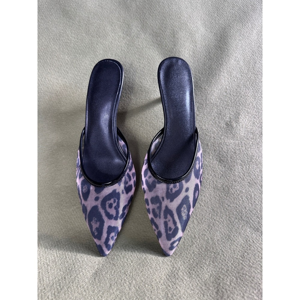 Leopard Print Mesh Pointed Toe Kitten Heel Mules Slides Animal Print Shoes 8.5